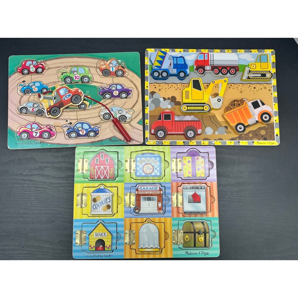 Lot of 3 Melissa & Doug Wooden Puzzles Hide & Seek, Chunky Puzzle, Magnetic Game
